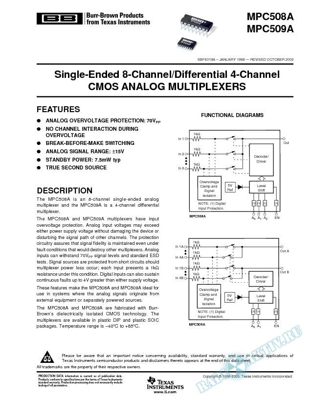 MPC508, MPC509: Single-Ended 8-Chan/Differential 4-Chan CMOS Analog Multiplexers (Rev. A)