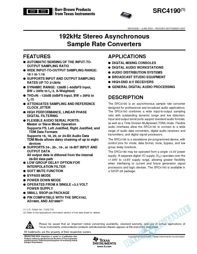 192kHz Stereo Asynchronous Sample Rate Converters (Rev. B)