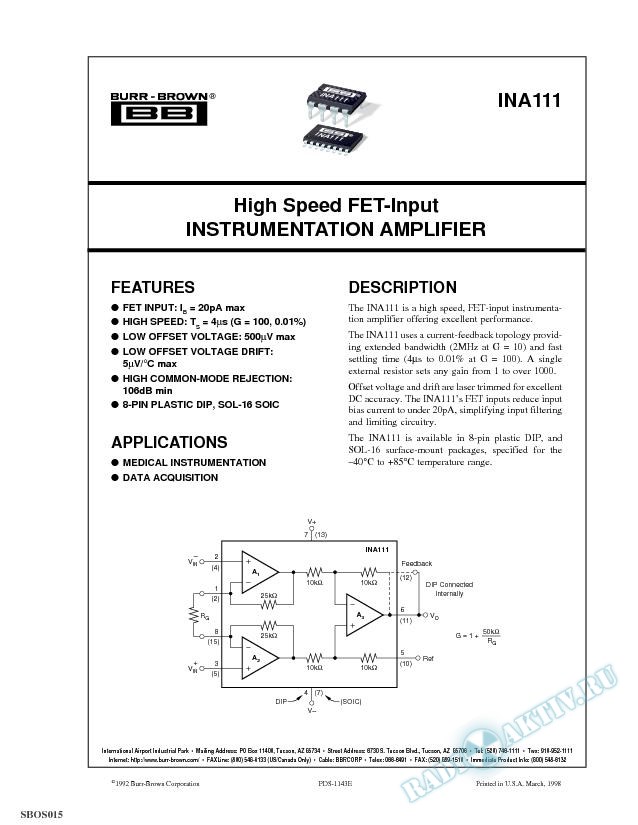 High Speed FET-Input Instrumentation Amplifier