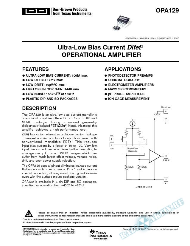 Ultra-Low Bias Current Difet® Operational Amplifier (Rev. A)