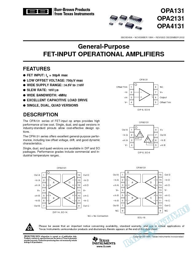 General Purpose FET-Input Operational Amplifiers (Rev. A)