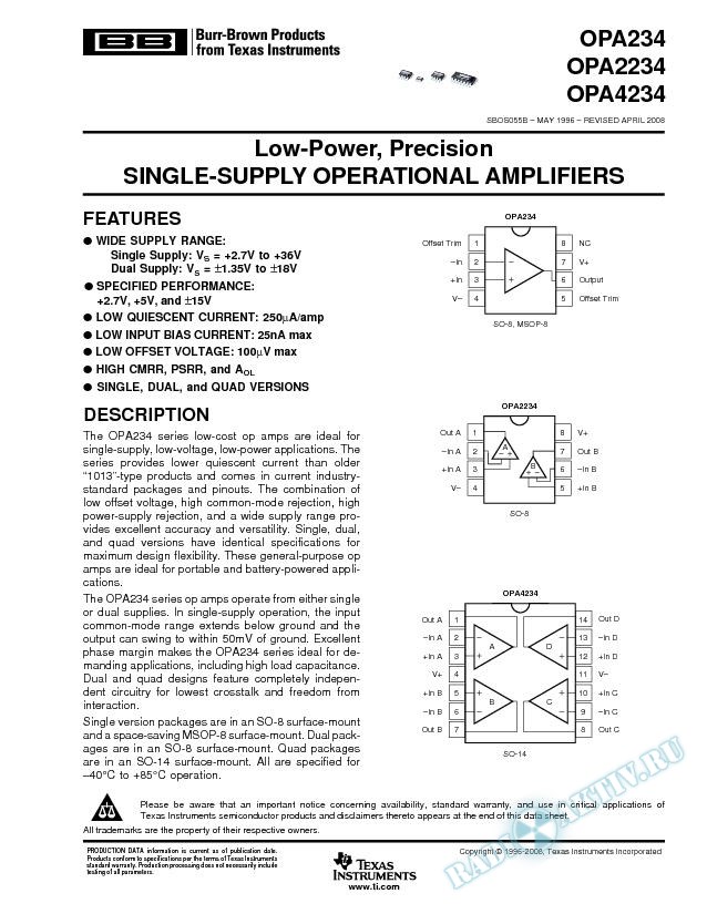 OPA234, 2234, 4234: Low Power, Precision Single-Supply Operational Amplifiers (Rev. B)