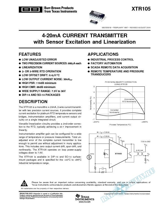 XTR105: 4-20mA Current Transmitter with Sensor Excitation and Linearization (Rev. B)