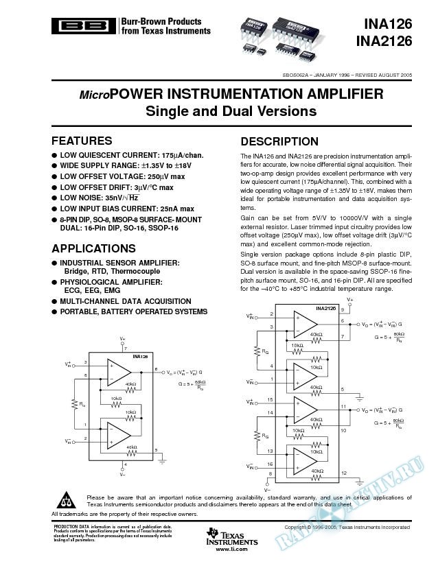Micropower Instrumentation Amplifier Single and Dual Versions (Rev. A)
