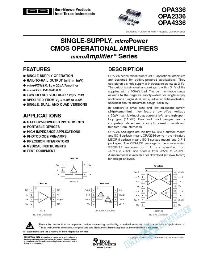 OPA336, 2336, 4336: Single-Supply, microPower CMOS Op Amp microAmplifier Series (Rev. C)