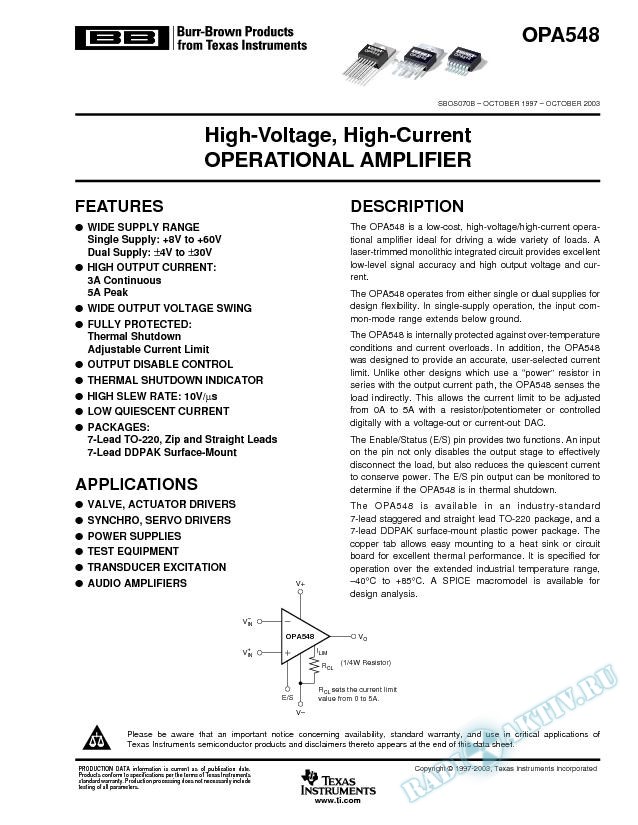 OPA548: High-Voltage, High-Current Operational Amplifier (Rev. B)