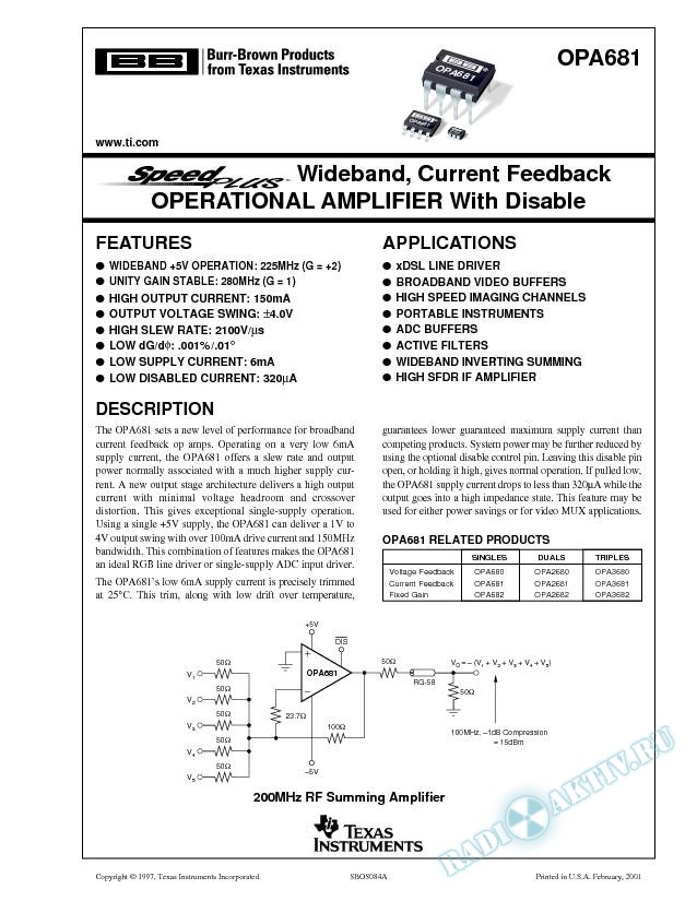 OPA681: SpeedPlus Wideband, Current Feedback Operational Amplifier with Disable (Rev. A)