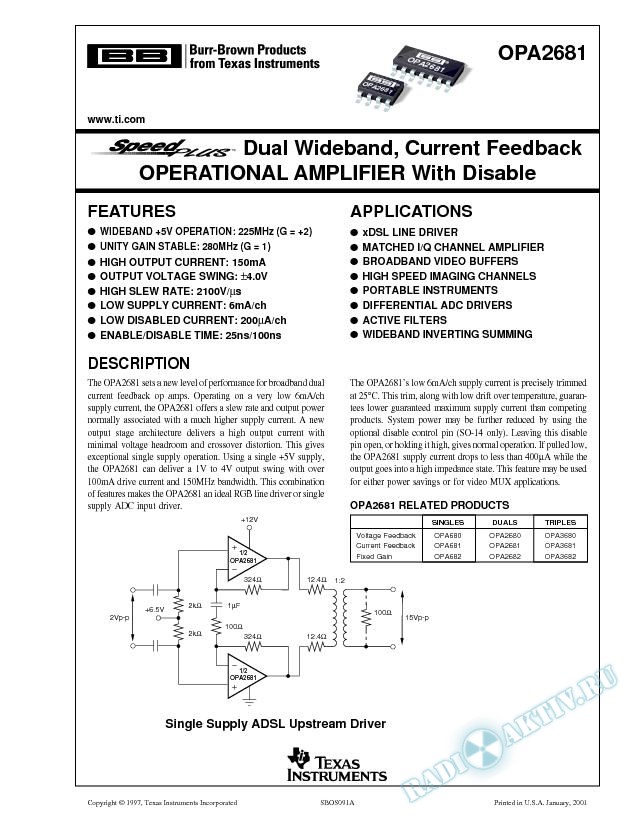 OPA2681: SpeedPlus Dual Wideband, Current Feedback Op Amp with Disable (Rev. A)
