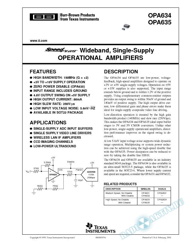 SpeedPlus Wideband, Single-Supply Operational Amplifiers  (Rev. A)