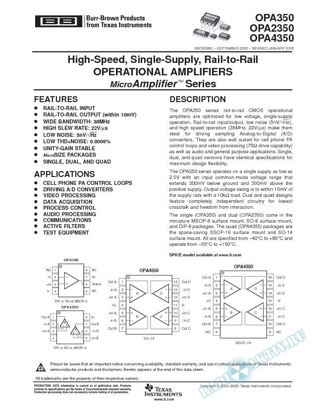 OPA350, 2350, 4350: High-Speed, Single-Supply, Rail-to-Rail Op Amps (Rev. C)