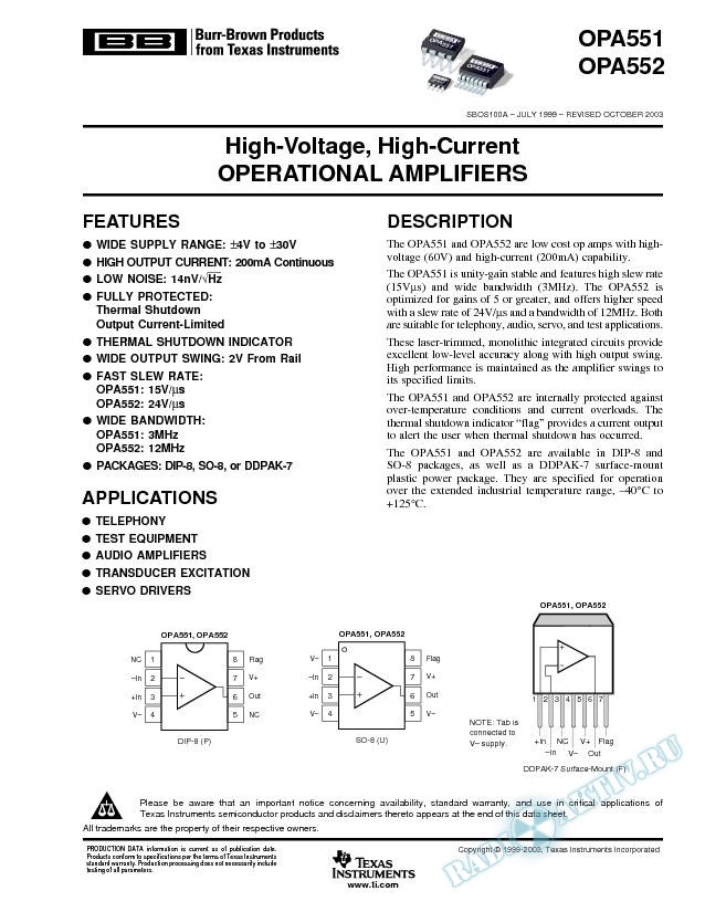 OPA551, OPA552: High-Voltage, High-Current Operational Amplifiers (Rev. A)