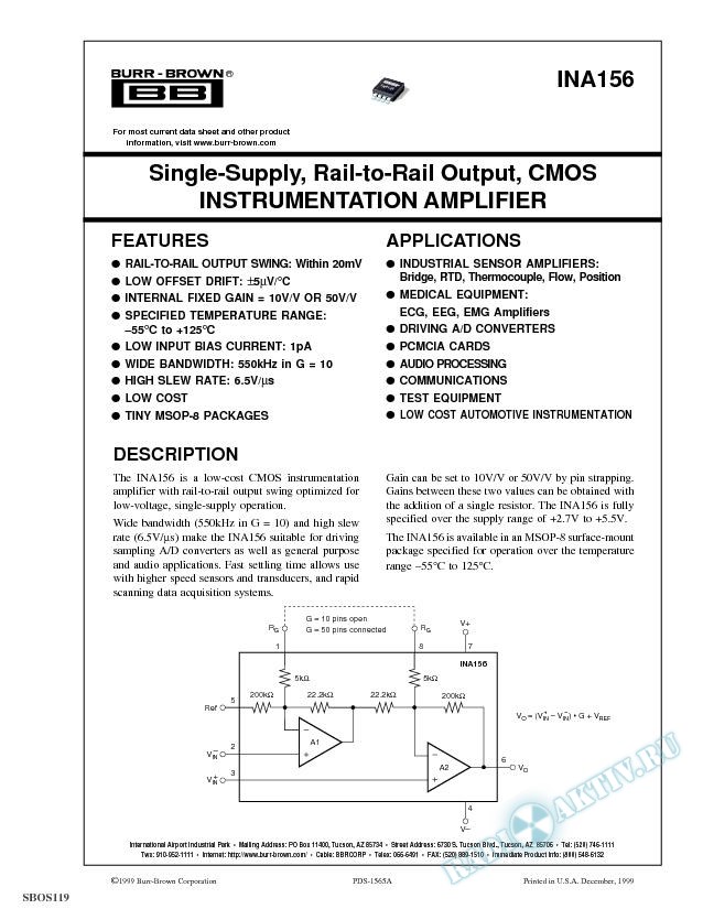 Single-Supply, Rail-to-Rail Output, CMOS Instrumentation Amplifier 