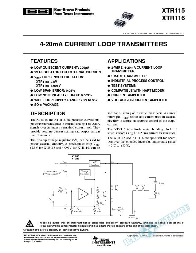 XTR115, XTR116: 4-20mA Current Loop Transmitters (Rev. A)