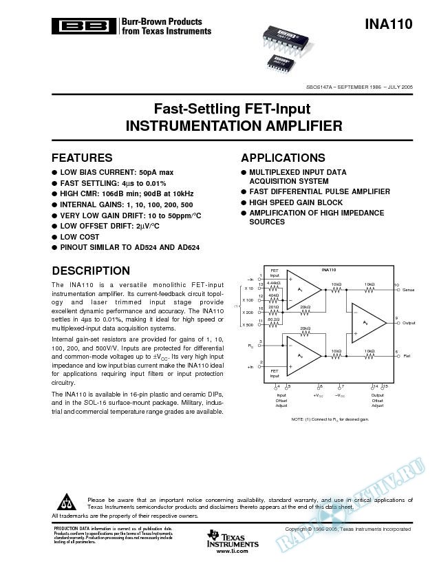 Fast-Settling FET-Input Instrumentation Amp (Rev. A)