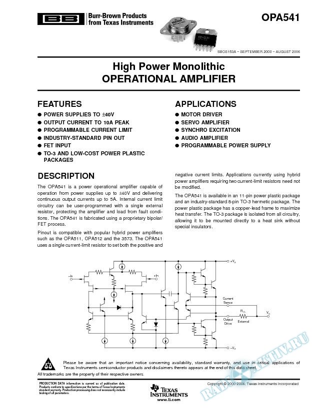 High Power Monolithic Operational Amplifier (Rev. A)