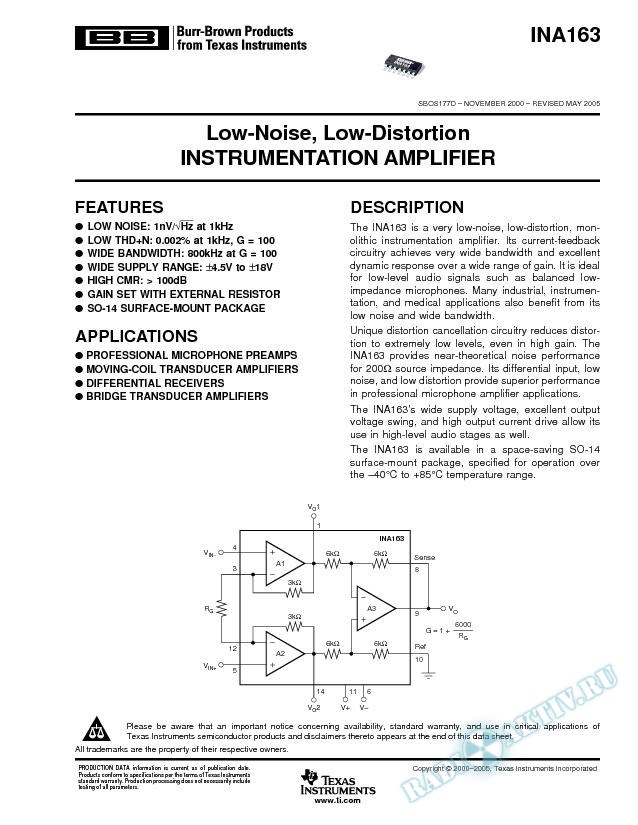 Low-Noise, Low-Distortion Instrumentation Amplifier (Rev. D)