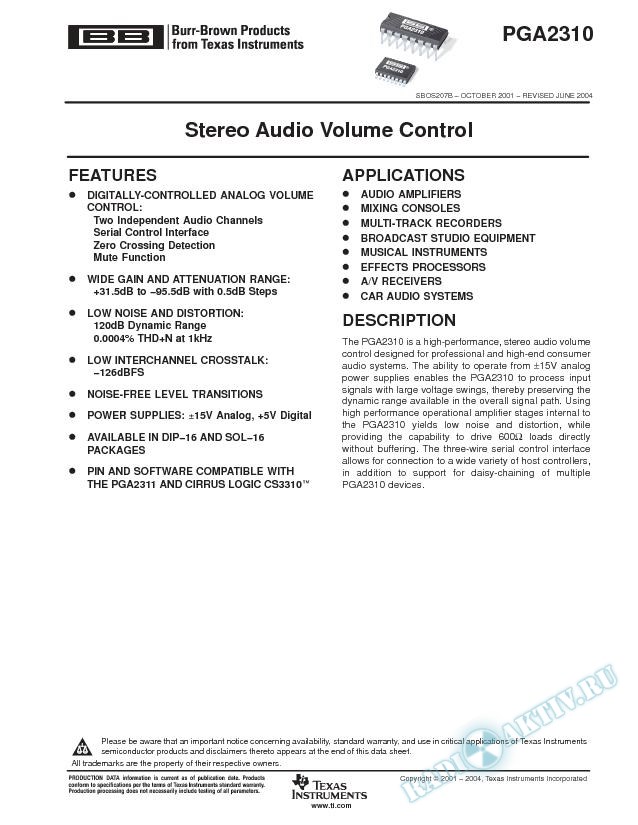 PGA2310: Stereo Audio Volume Control (Rev. B)