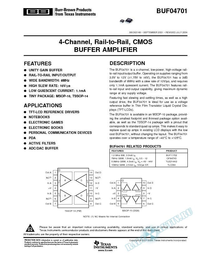 BUF04701: 4-Channel, Rail-to-Rail CMOS BUFFER AMPLIFIER (Rev. B)