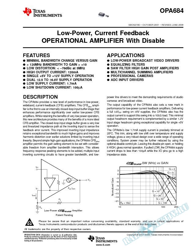 Low-Power, Current Feedback Operational Amplifier With Disable (Rev. D)