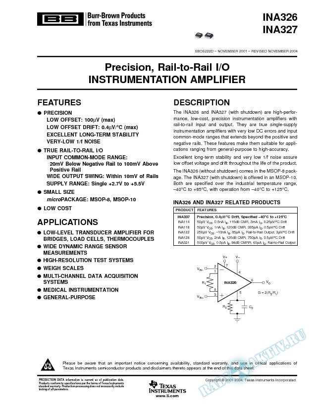 INA326, 327: Precision, Rail-To-Rail I/O Instrumentation Amplifier (Rev. D)