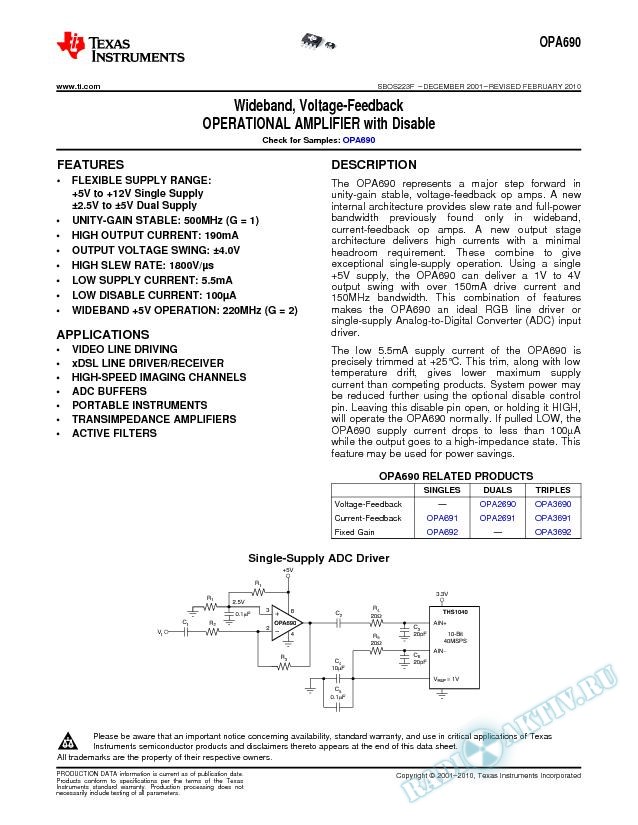 Wideband, Voltage-Feedback Operational Amplifier with Disable (Rev. F)