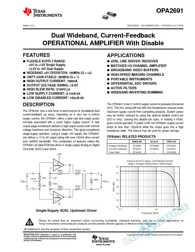 Dual Wideband, Current-Feedback Operational Amplifier With Disable (Rev. D)