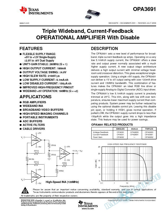 Triple Wideband, Current-Feedback Operational Amplifier With Disable (Rev. E)