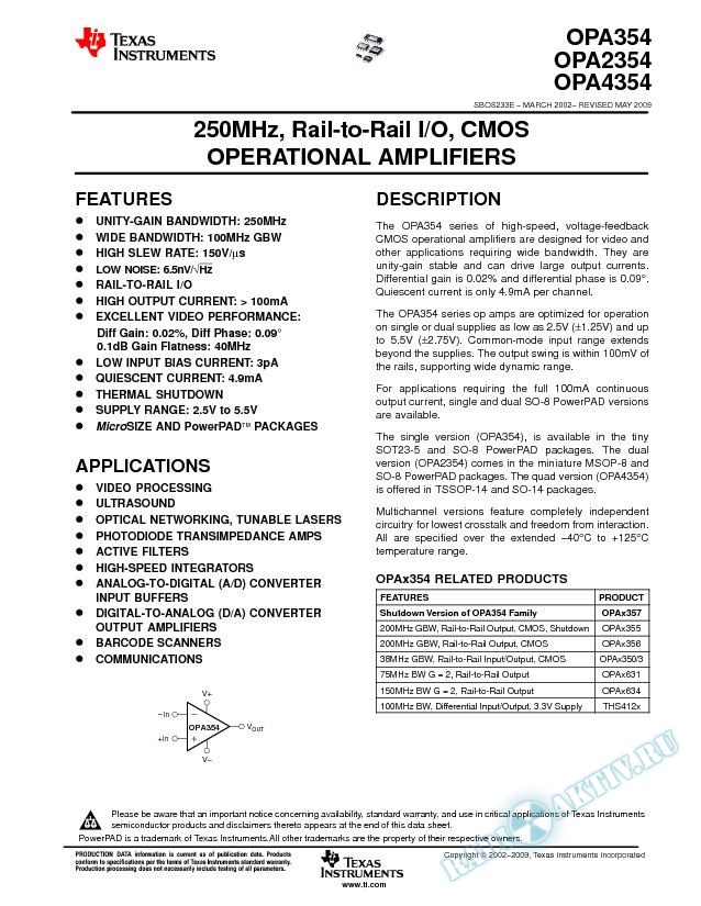 250MHz, Rail-to-Rail I/O, CMOS Operational Amplifiers (Rev. E)