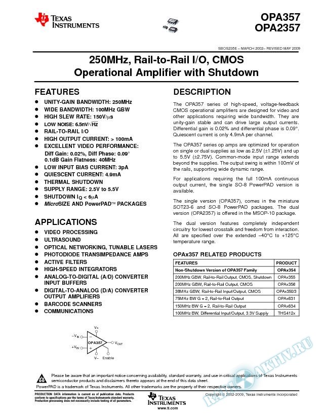 250MHz, Rail-to-Rail I/O, CMOS Operational Amplifiers w/ Shutdown (Rev. E)