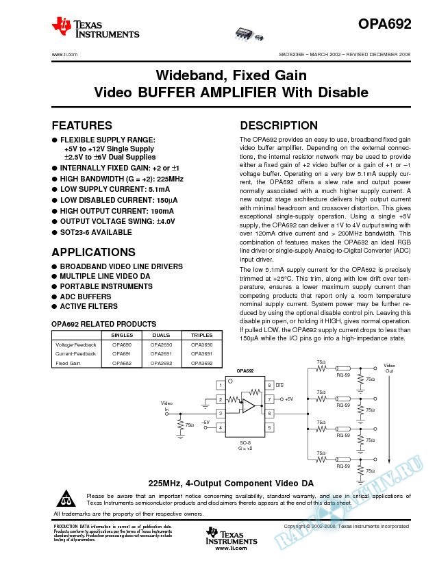 Ultra Wideband, Fixed Gain Video Buffer Amplifier with Disable (Rev. E)