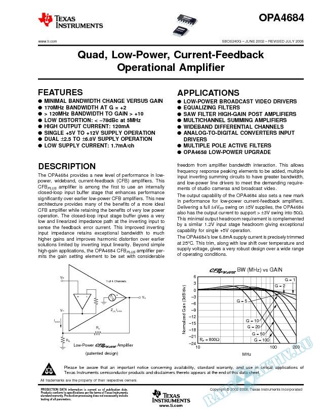 Quad, Low-Power, Current-Feedback Operational Amplifier (Rev. G)