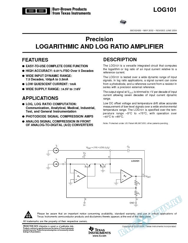 LOG101: Precision Logarithmic and Log Ratio Amplifier (Rev. B)