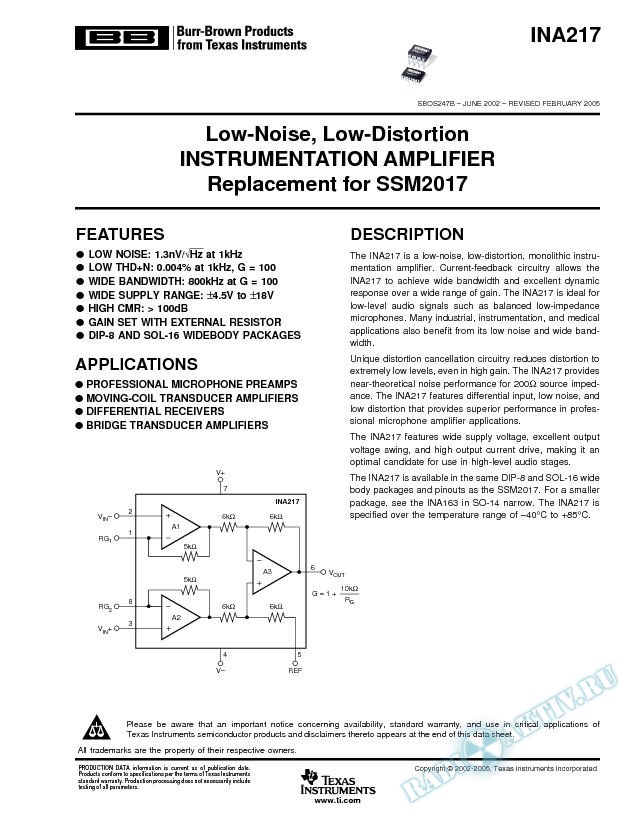Low Noise, Low-Distortion Instrumentation Ampplifier Replacement for SSM2017 (Rev. B)