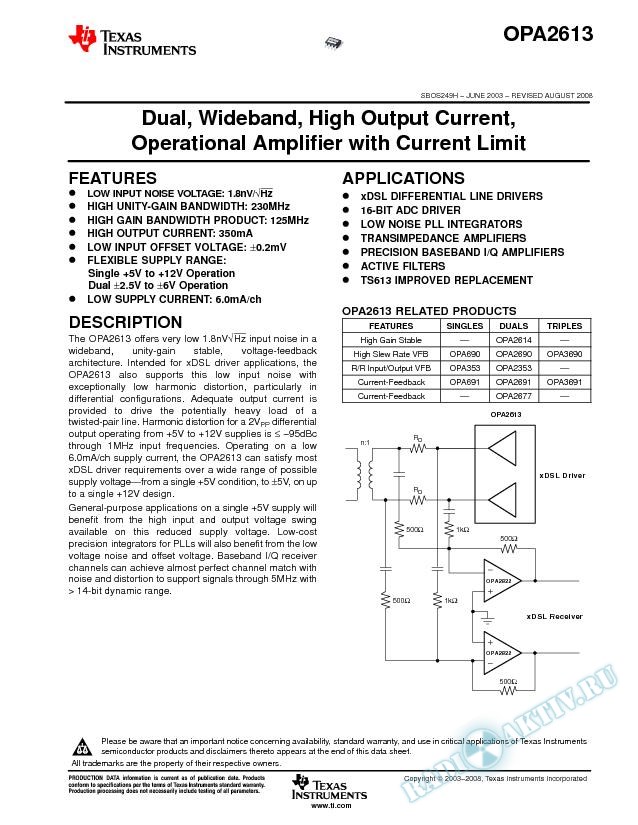 Dual, Wideband, High Output Current, Operational Amplifier with Current Limit (Rev. H)