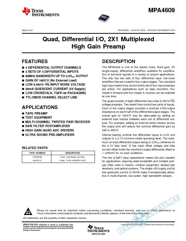 Quad, Differential I/O, 2X1 Multiplexed High Gain Preamp (Rev. E)