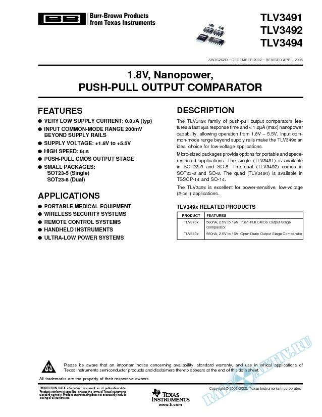 1.8V, Nanopower, Push-Pull Output Comparator (Rev. D)