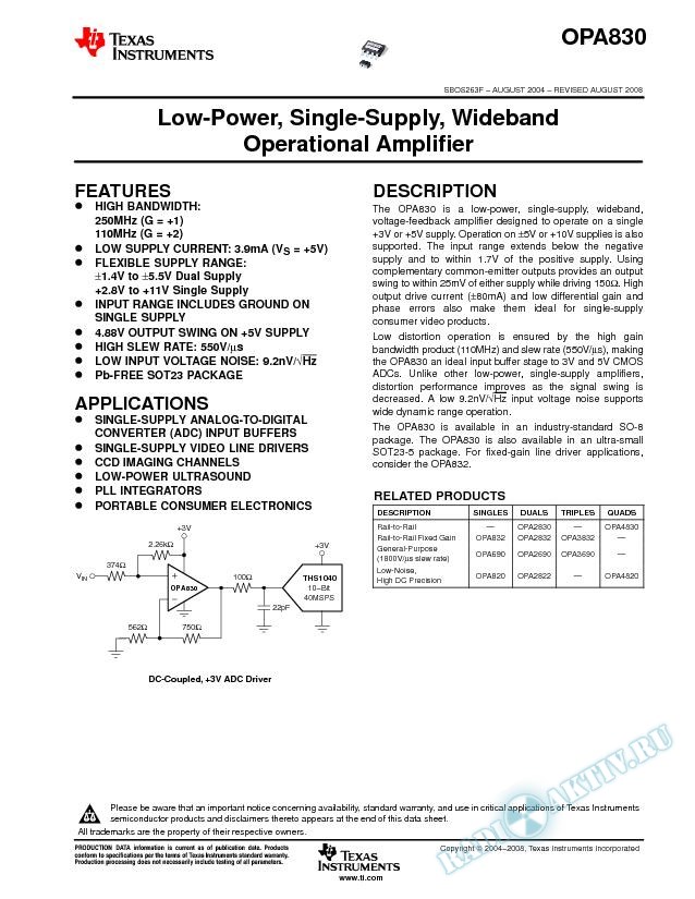 Low-Power, Single-Supply, Wideband Operational Amplifier (Rev. F)