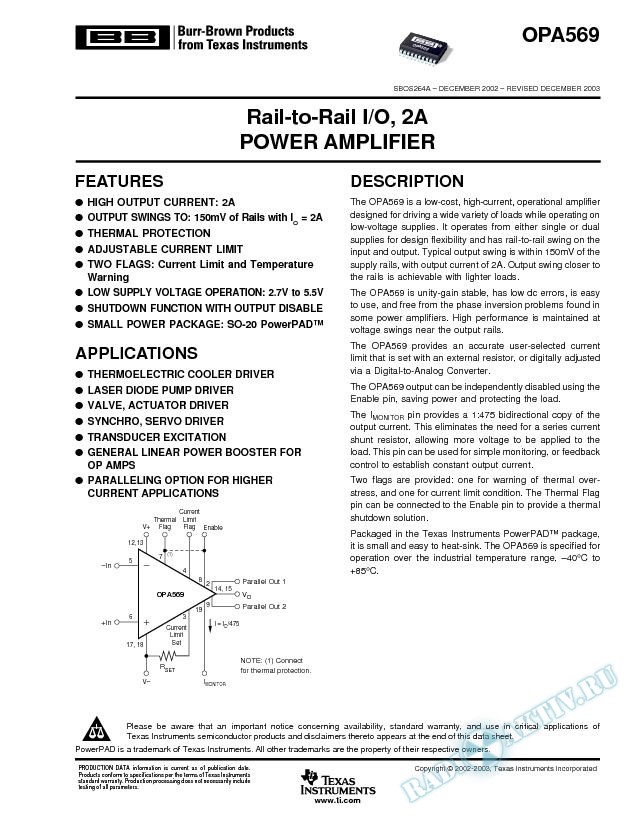 OPA569: Rail-To-Rail I/O, 2A Power Amplifier (Rev. A)
