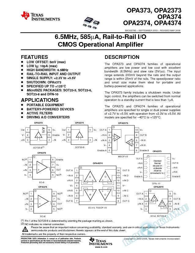 6.5MHz, 585uA, Rail-to-Rail I/O CMOS Op Amp (Rev. E)