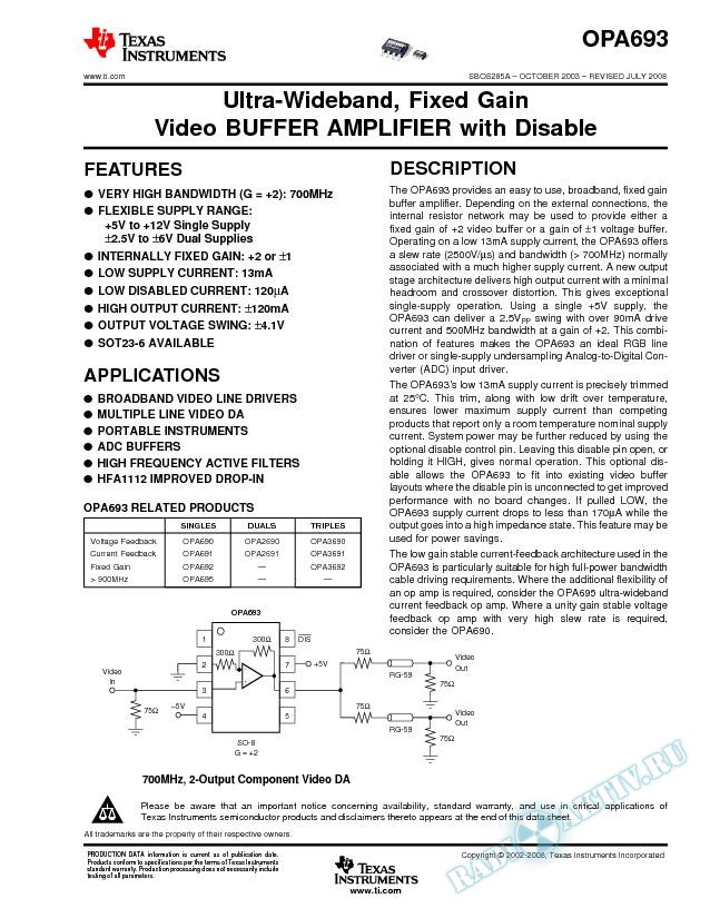 OPA693: Ultra-Wideband, Fixed Gain Video Buffer Amplifier with Disable (Rev. A)