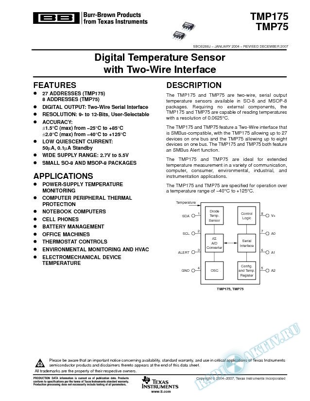 Digital Temperature Sensor with Two-Wire Interface, (Rev. J)