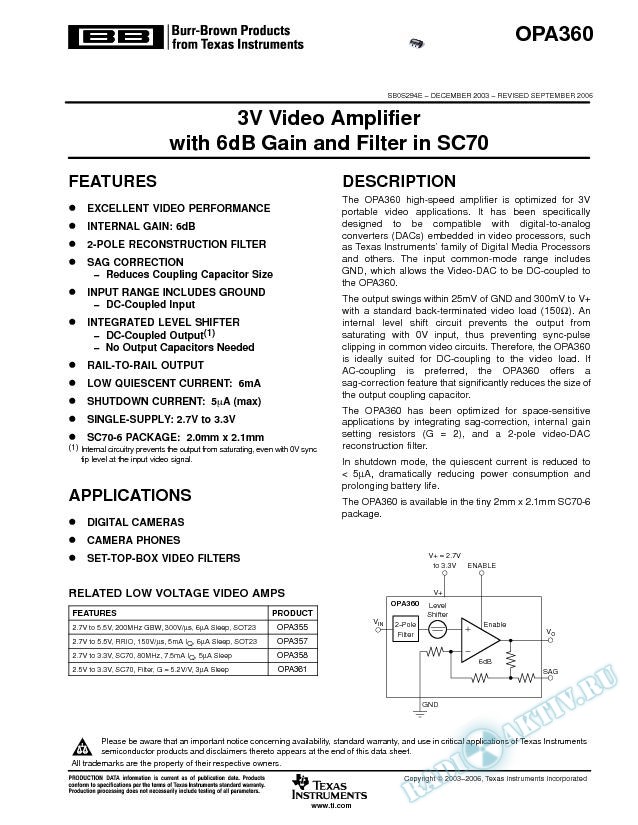3V Video Amplifier with 6dB Gain and Filter in SC70 (Rev. E)