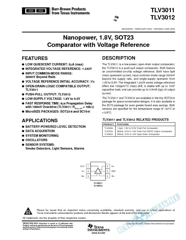 TLV3011, TLV3012: Nanopower, 1.8V, SOT23 Comparator with Voltage Reference (Rev. B)