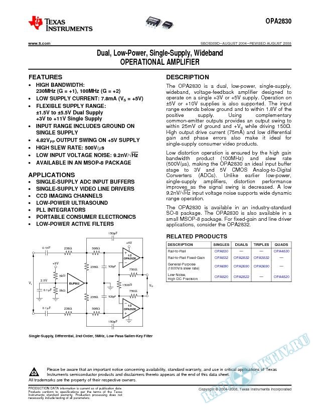Dual, Low-Power, Single-Supply, Wideband Operational Amplifier (Rev. D)