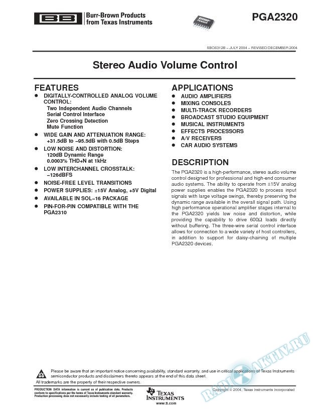 PGA2320: Stereo Audio Volume Control (Rev. B)