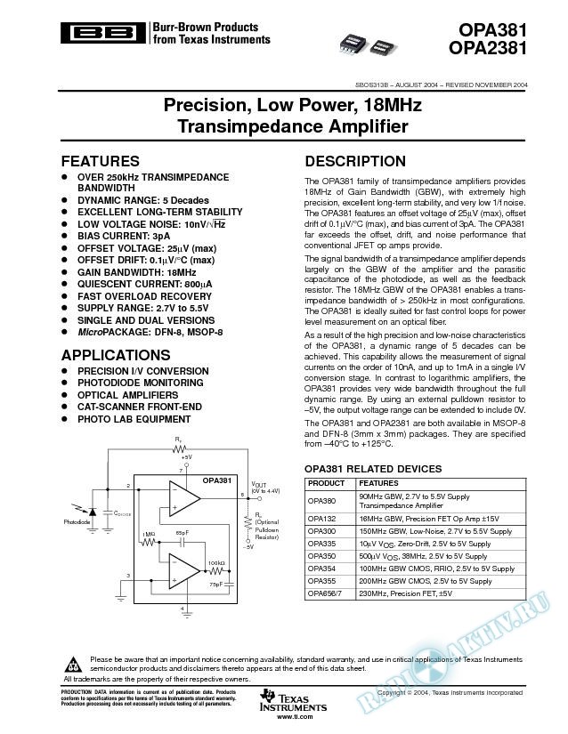 OPA381, OPA2381: Precision, Low Power, 18MHz Transimpedance Amplifier (Rev. B)