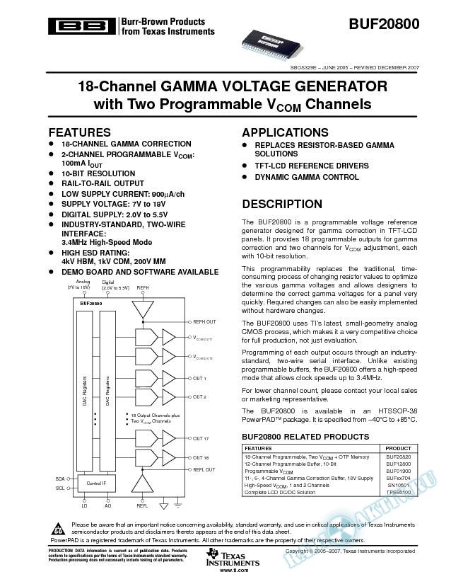 18-Channel, Gamma Voltage Generator with Two Programmable Vcom Channels (Rev. E)