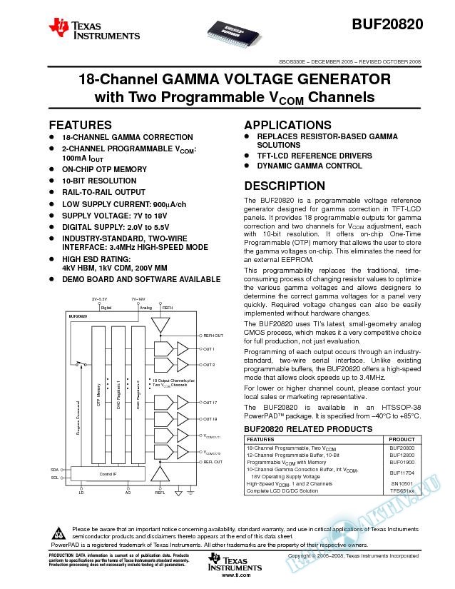 18-Channel Gamma Voltage Generator with Two Programmable Vcom Channels (Rev. E)