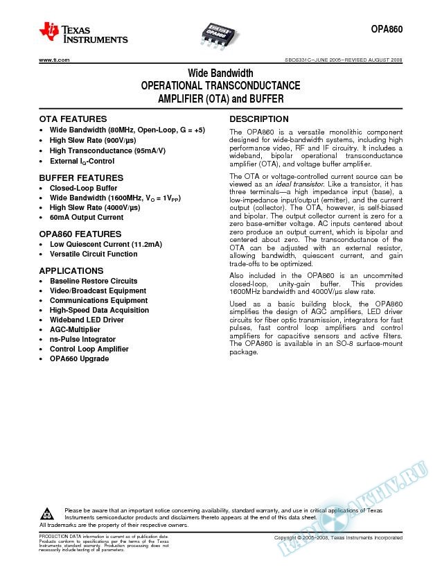 Wide-Bandwidth, Operational Transconductance Amplifier (OTA) and Buffer (Rev. C)