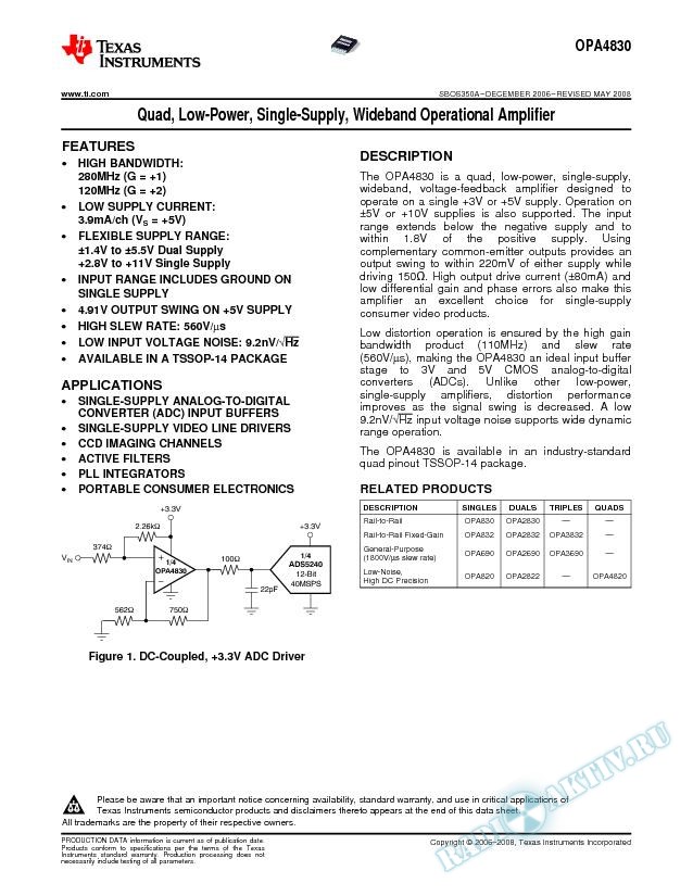 Quad, Low-Power, Single-Supply, Wideband Operational Amplifier (Rev. A)